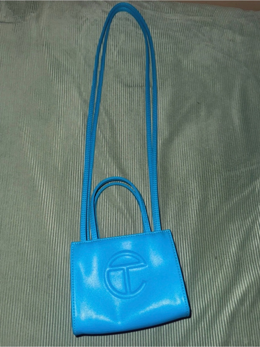 T-Shaped Telfar Embossed Mini Crossbody Tote in Bright Blue